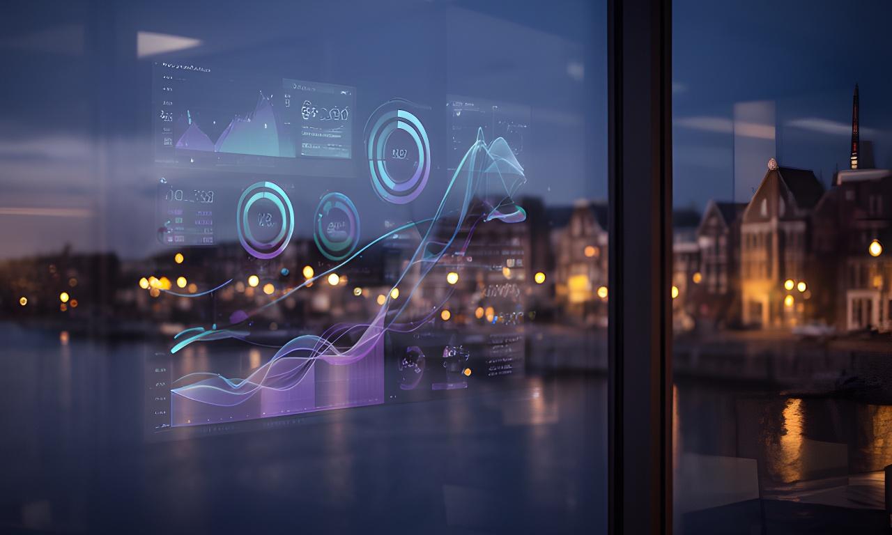 Downtown Holland waterfront at dusk with a glowing financial dashboard overlay on a glass office window