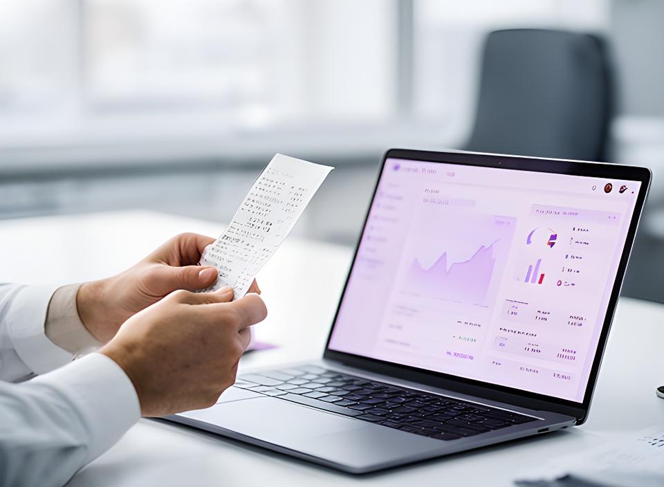 Finance worker in a bright office scanning a receipt beside a laptop with an expense dashboard