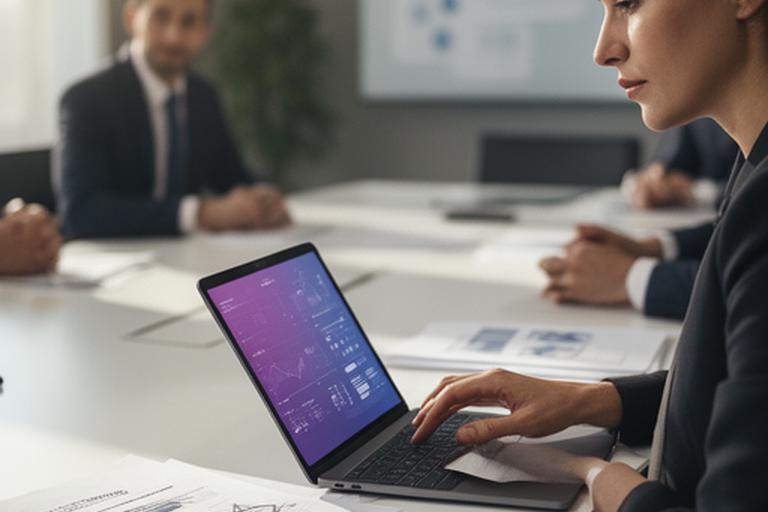 CFO reviewing a financial forecast dashboard with an investor deck and printed variance notes on a meeting table