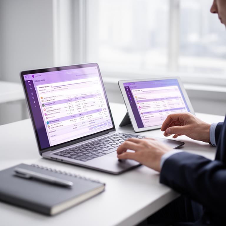Finance manager reviewing expense reports on a laptop beside a tablet in a bright office