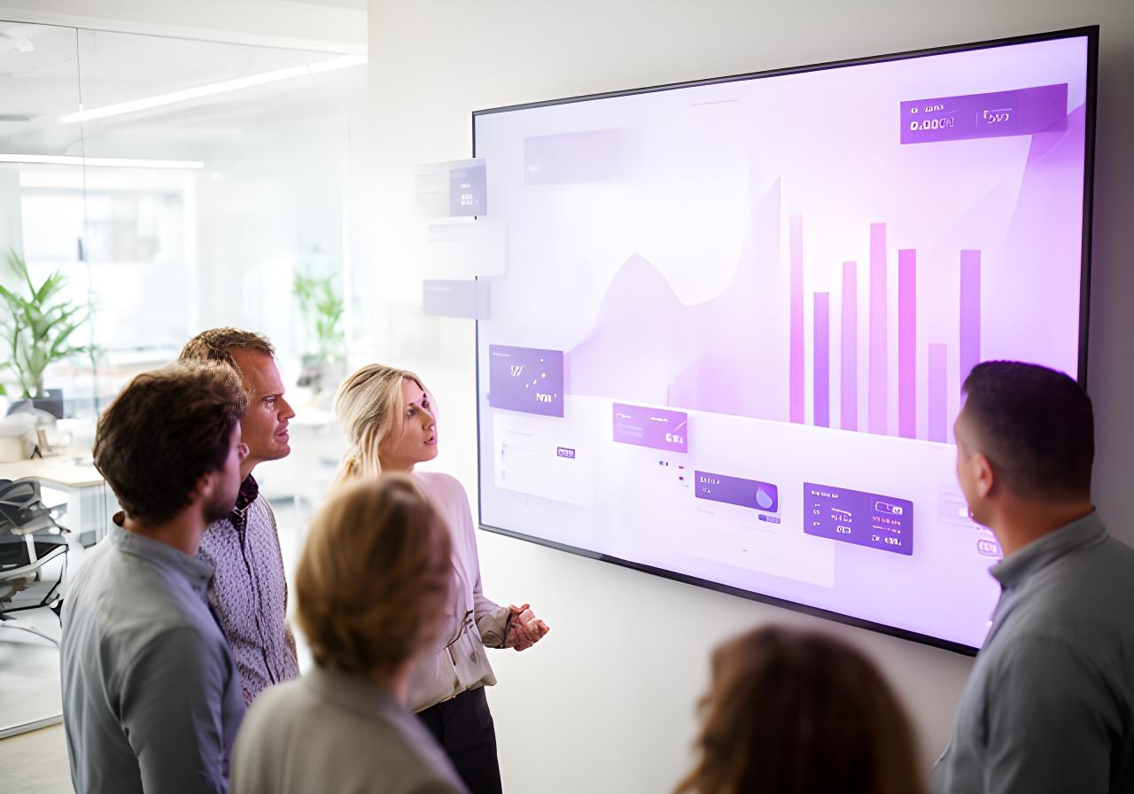 Finance team reviewing budget charts on a large screen in a bright office with daily variance notes and runway markers