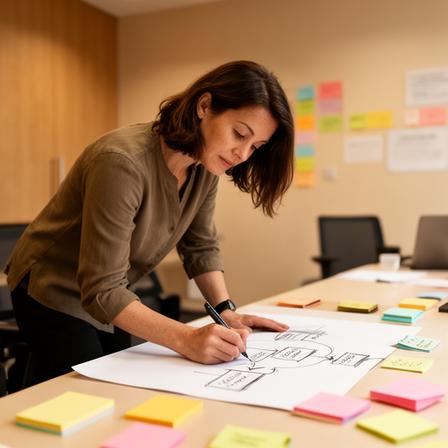 Ella Voss, Head of Product, sketching workflow notes in a conference room with sticky notes