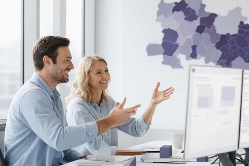 Two customer success specialists reviewing expense dashboards in a bright Holland office with a wall map of West Michigan