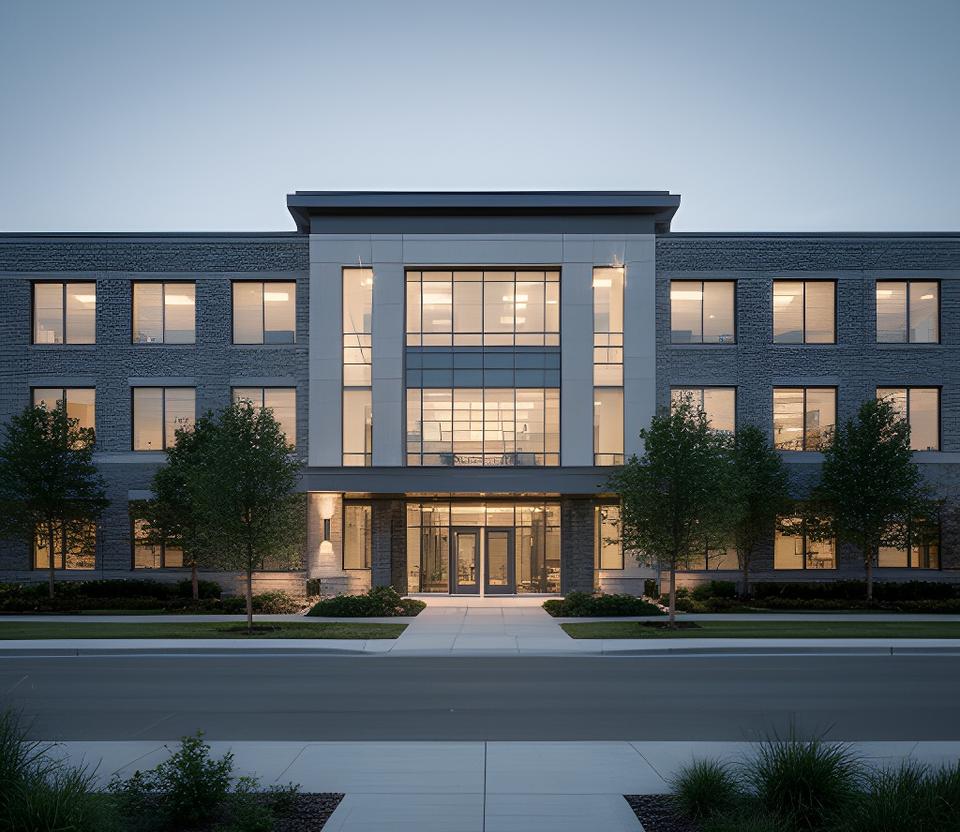 Modern office exterior on Pickwick Lane in Holland, Michigan with evening light on the windows