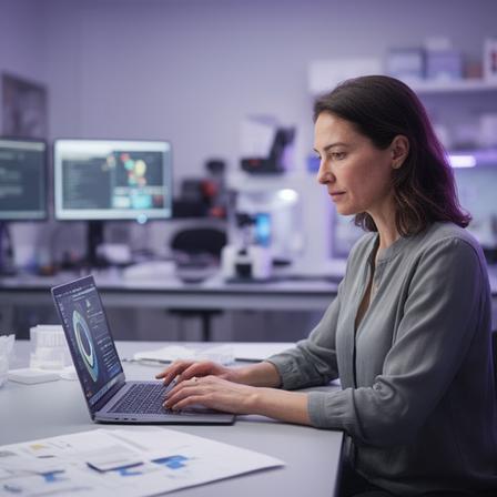 Nadia Sorrel, CTO, reviewing model results on a laptop in a quiet product lab