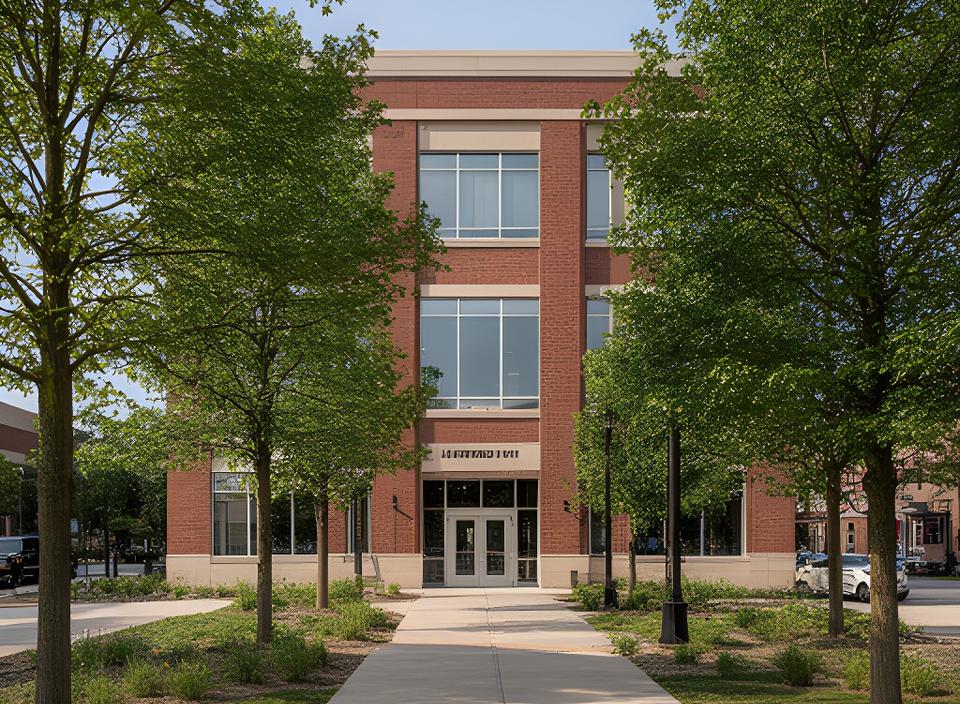 Pickwick Lane office building in Holland, Michigan with brick detail, trees, and a clear sidewalk